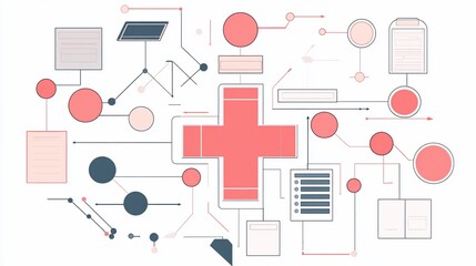 Aufkleber - Medical data flow illustration with cross, circles, lines, and form on a white background