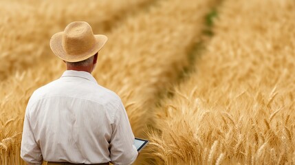 A farmer in a wide-brimmed hat observes his golden wheat field, using a tablet to monitor growth and conditions, blending tradition with modern technology in agriculture.