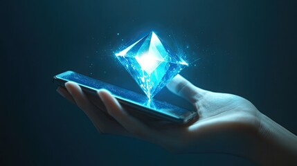 Poster - Hand holding a smartphone displaying a glowing diamond shape, symbolizing technology, digital innovation, and modern connectivity in a sleek design. -