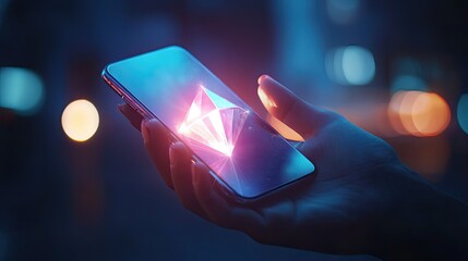 Poster - Hand holding a smartphone displaying a glowing diamond shape, symbolizing technology, digital innovation, and modern connectivity in a sleek design.