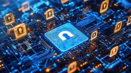 Aufkleber - glowing digital padlock securing data on a complex circuit board, symbolizing robust cyber security 