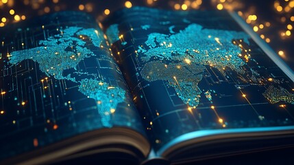 Aufkleber - An open book displays a detailed map of the world with bright, glowing connections and points