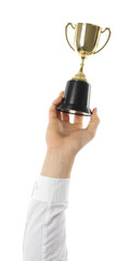 Wall Mural - man with golden trophy cup on white background, closeup