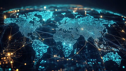 Poster - High-tech digital world map with glowing network connections, representing global communication, data exchange, and digital infrastructure in a futuristic context
