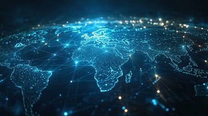 Poster - High-tech digital world map with glowing network connections, representing global communication, data exchange, and digital infrastructure in a futuristic context