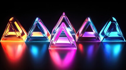 Poster - High-tech glowing 3D triangles arranged in a pattern, symbolizing innovation, digital technology, and futuristic design elements for creative projects. 