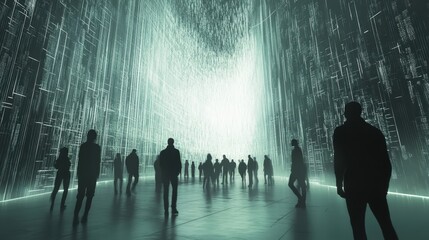 Poster - silhouetted people are observing glowing data streaming from walls in a futuristic server room, crea