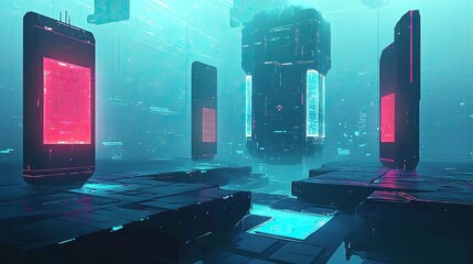 Poster - Modern vector concept with futuristic buildings and floating holographic screens