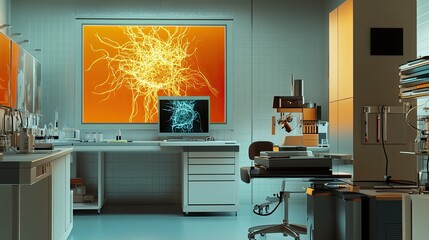 Poster - Orange neuron in a laboratory setting, wallpaper art representing the intersection of neuroscience and technology with vibrant, engaging visual elements