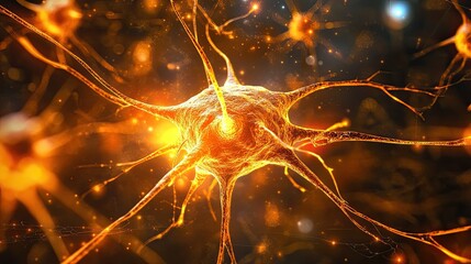 Poster - Orange neuron in a laboratory setting, providing a scientific and digital design representation of brain activity and technology.
