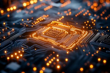 Poster - Illuminated electronic circuit board shows details of modern technology and design