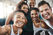 © peopleimages.com - Happy, selfie and portrait of people in gym for exercise, training and workout routine together. Friends, fitness group and men with women for wellness, health and sports picture for social media