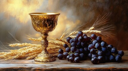 Eucharist Still Life Golden Chalice Grapes Wheat Rustic Table