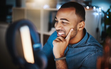Fototapete - happy, computer and man in office at night with deadline for website development with cybersecurity.