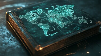 Poster - Ancient book displaying futuristic world map with glowing connections and digital overlay