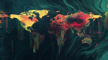 Aufkleber - Abstract world map with glowing lines and swirling textures showing global data flows