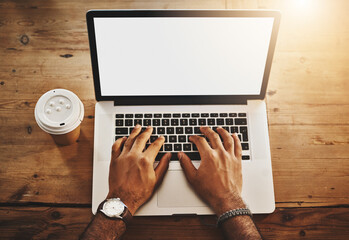 Fototapete - Above, screen and man with laptop, hands and typing with deadline, internet and connection. Closeup, person or evening with journalist, mockup space or report for story, computer and display