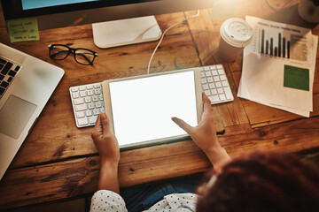 Poster - Above, business and woman with tablet, hands and typing with deadline, internet and mockup space. Closeup, person and evening with researcher for article, graphs and report for charts and review