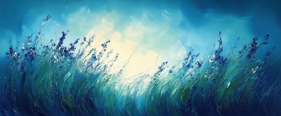 Wall Mural - Abstract Field Painting with Blue and Green Hues Against Light Background with Expressive Brush Strokes and Textured Canvas