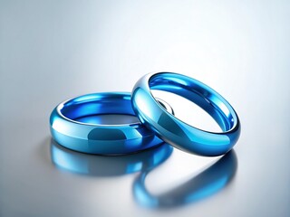 Wall Mural - two blue rings resting on a pristine white table - minimalist stock photo