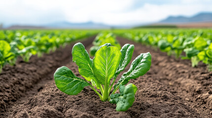 Sticker - Fresh green spinach plant growing in fertile field with rich soil