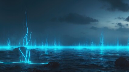 Poster - Glowing blue lines in a carbon dioxide environment, digital rendering. Computer-generated artwork.