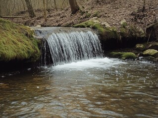 Wall Mural - nature's tranquil beauty: a waterfall cascading into a stream amidst lush greenery and rocks.
