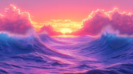 Poster - Powerful ocean wave in crest shape reflecting sunset hues with picturesque clouds in the sky