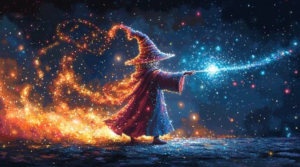 a pixel wizard casting a colorful spell with sparkles
