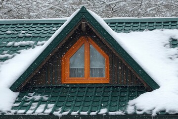 Winter Snow on Green Roof with Wooden Window and Tile Texture