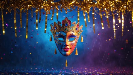 Aufkleber - carnival-themed decoration backdrop featuring gold streamers, falling confetti, and a decorative mask against a dreamy blue night sky, with space available for text in the center