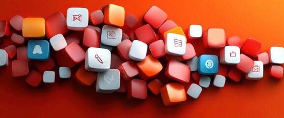 Poster - Digital Artwork of Presentation Icons on Red Background with Copy Space