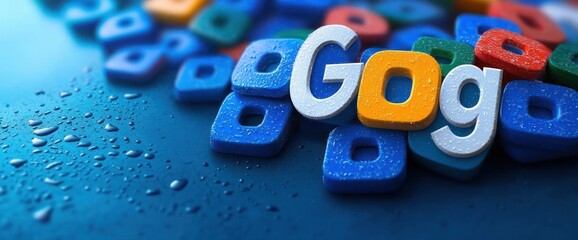 Aufkleber - Colorful Logo Tiles on Vibrant Blue Surface with Soft Diffused Lighting and High Detail