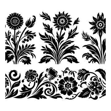 Silhouette of a set floral design with thick outline side view isolated, no text, no shadow