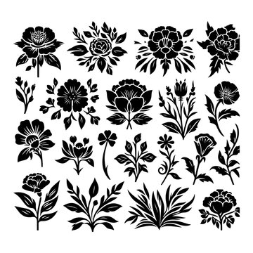 Silhouette of a set floral design with thick outline side view isolated, no text, no shadow