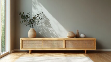 Poster - Minimalist Wooden TV Cabinet with Rattan Doors in Scandinavian Living Room Interior