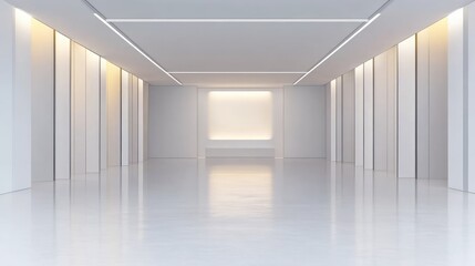 Aufkleber - Minimalistic bright white empty interior gallery space with soft lighting and symmetrical composition for product display