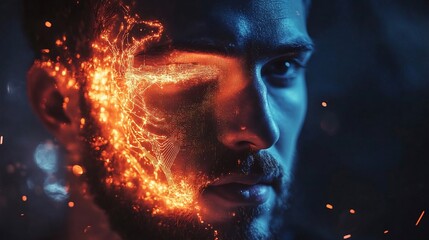 Poster - A man's face with digital patterns of light creating an abstract glowing circuit