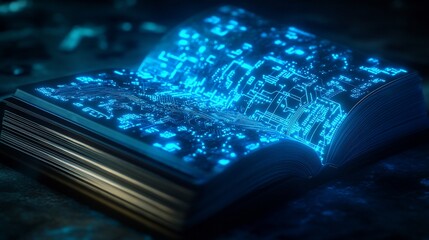 Aufkleber - Illuminated Technology Book, Digital Circuitry Concept, Glowing Information Pages, Open Book Display
