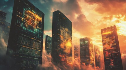 Aufkleber - Futuristic cityscape with glowing server towers emerging through the cloudscape during sunset
