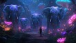 © ddaremmth - Photo. A person stands on a path near the camera (in the middle of the image), greeting a group of massive bioluminescent elephants.