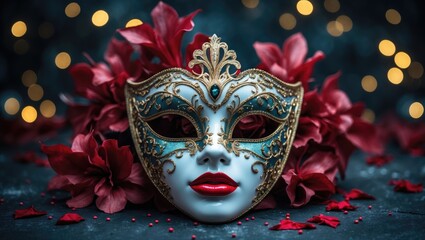 Poster - elegant venetian mask set against a dark golden bokeh backdrop. festive design banner for new year a