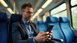 © TheWaterMeloonProjec - Experienced executive using smartphone on a train journey.