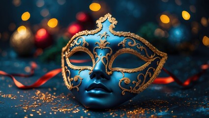Poster - opulent venetian mask set against a dark golden bokeh backdrop. festive new year and christmas party