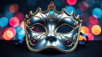 Aufkleber - Glistening silver masquerade mask resting on dark surface with vibrant bokeh backdrop