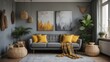 © TheWaterMeloonProjec - Contemporary living space featuring a gray couch adorned with honey yellow cushions, plaid throw, artistic mock-ups, rattan storage, and chic boho decor elements. Stylish interior atmosphere. Sampl...