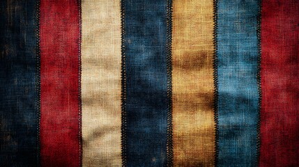 Poster - Close-up shot of a vintage striped fabric with red, blue, and beige tones. Rustic and textured appearance. Vintage Striped Fabric Texture: A Rustic Tapestry of Red, Blue, and Beige Hues