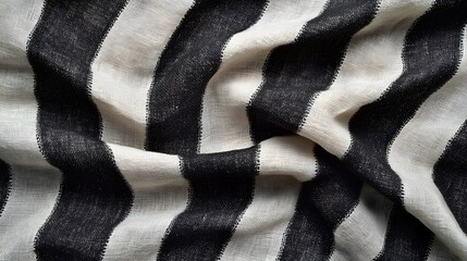 Poster - Close-up view of a black and white striped linen fabric. The texture is soft, with visible folds and wrinkles. Elegant Black and White Striped Linen Fabric Texture
