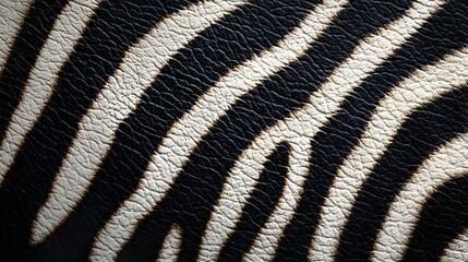 Poster - Close-up of a zebra-printed leather texture. Striking black and white stripes create a visually appealing pattern. Zebra Leather Texture: Striking Black and White Stripes