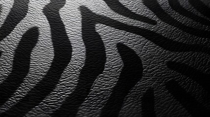 Poster - Close-up shot of zebra-printed leather, showcasing its texture and monochrome pattern. Stripes of Zebra Leather Texture in Monochrome